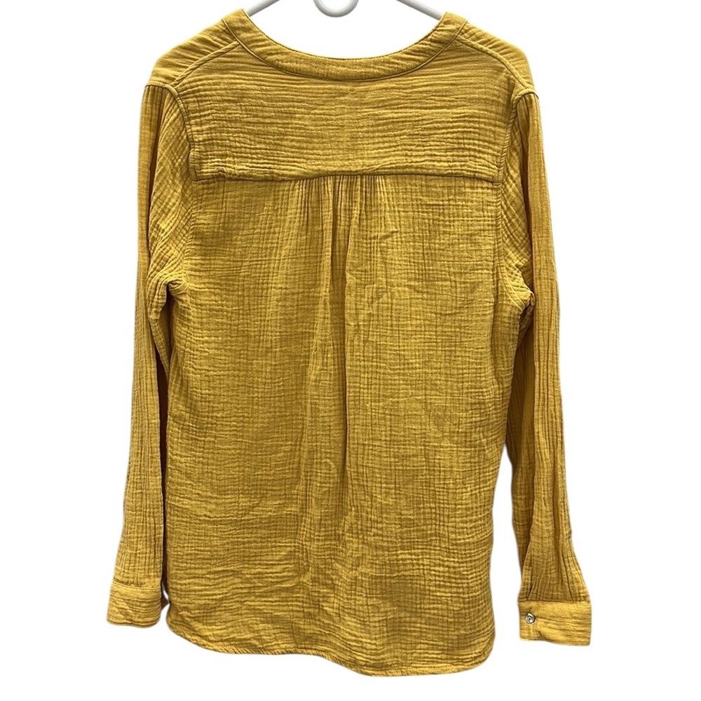 Mote Cotton Mustard Yellow Gauze Split V Neck Double Pocket Long Sleeve Top Sz L - Picture 9 of 11